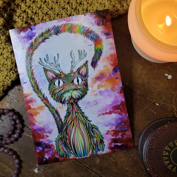 Trippy Rainbow Kitty with antlers Art Print 8x10" - Picture 1 of 3